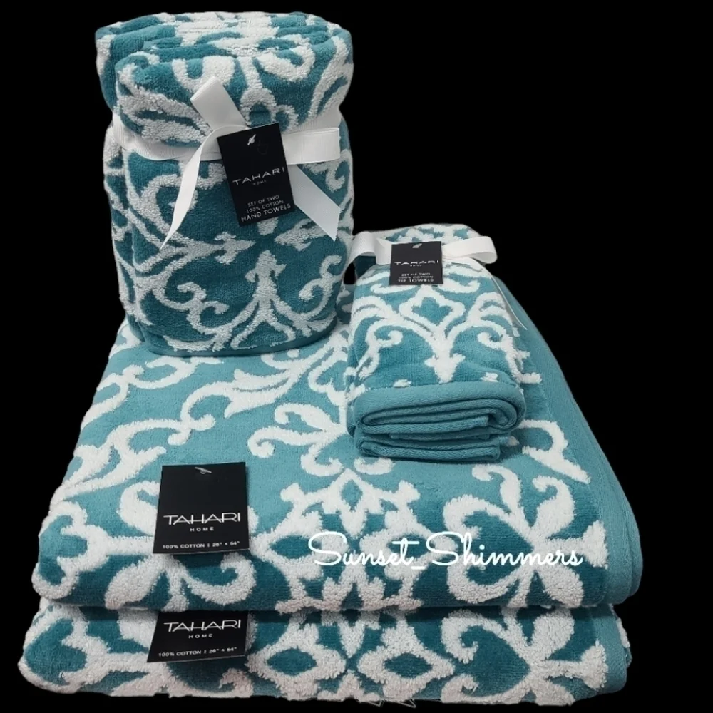 6 Piece Tahari Luxury Plush Damask Jacquard Scroll Bath Hand Tip Towel Set NEW